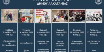 Ο Μήνας Θεάτρου του Δήμου Λακατάμιας επιστρέφει και φέτος, με 6 υπέροχες θεατρικές παραστάσεις, που αξίζει να παρακολουθήσει το κοινό. Συγκεκριμένα θα φιλοξενηθούν οι παραστάσεις: «Μακρυκωσταίοι και Κοντογιώργηδες» του Θ.Ο.Κ. το Σάββατο, 02 Ιουλίου 2022, «Αγάπη Νικητής» του Θεάτρου Σκάλα την Τετάρτη, 06 Ιουλίου 2022, «Σουβενίρ Σιοπ Σάϊπρους» της Θεατρικής Ομάδας Γιώργου Ζένιου & Κώστα Βήχα την Κυριακή 10 Ιουλίου 2022, «Ούλλα του Γάμου Δύσκολα» της Θεατρικής Ομάδας «Το Παρασκήνιο» την Κυριακή, 17 Ιουλίου 2022, «Ωσπολλάτε Αρκοντήναμεν» του Σατυρικού Θεάτρου την Κυριακή, 24 Ιουλίου 2022, και «Οι Γαμπροί της Ευτυχίας» της ΕΘΑΛ, την Τετάρτη 27 Ιουλίου 2022. Όλες οι παραστάσεις θα γίνουν στο Δημοτικό Αμφιθέατρο Λακατάμιας και θα αρχίζουν στις 8:30 μ.μ. Είσοδος Ελεύθερη!